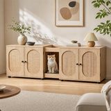 Garvee Katzentoilettenschrank 140 × 45 × 56 cm, Katzenklo Schrank mit 4 Türen in Rattan-Optik, Doppelschrank mit Katzenzugang und Belüftung, Naturholz - Naturholz