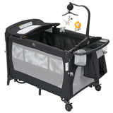 Garvee 5-in-1 Baby-Reisebett mit Wickeltisch, Beistellbett, Laufstall, Wiegefunktion, Musik, Mobile, 2 Höhenstufen, Rollen und Tragetasche für 0–3 Jahre - Schwarz