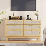Garvee Leuchte mit 6 Schubladen, USB-Anschlüsse, Rattanfronten, 132,3 × 79,2 cm, für Wohnzimmer und Esszimmer, Eiche
