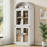 GARVEE Bücherregal mit Bogen, Türen und Schubladen, ca. 181,4 cm hoch, MDF & Metall & Glas, Landhausstil, Weiß – für Wohnzimmer & Schlafzimmer