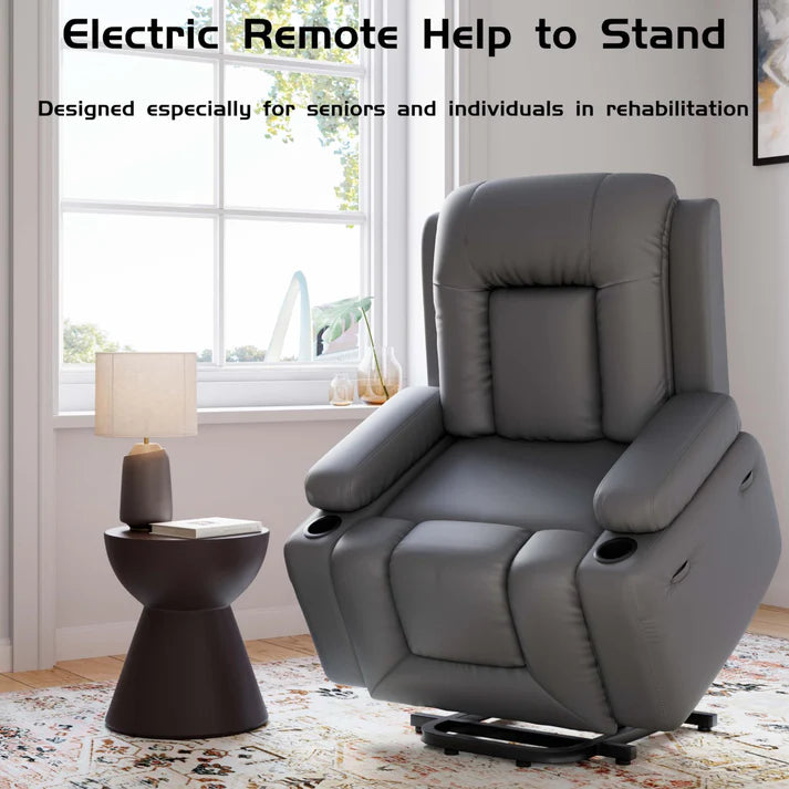 Garvee Elektrischer Aufstehsessel für Senioren mit 8-Punkt-Massage, Wärmefunktion, 3 Positionen, USB, Getränkehalter, PU-Leder, Grau