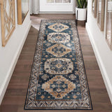 GARVEE Vintage Teppich 60 x 230 cm, Orientalischer Boho Teppich Waschbar & Rutschfest, Weicher Wohnzimmerteppich für Schlafzimmer & Flur, Dunkelblau - Dunkelblau
