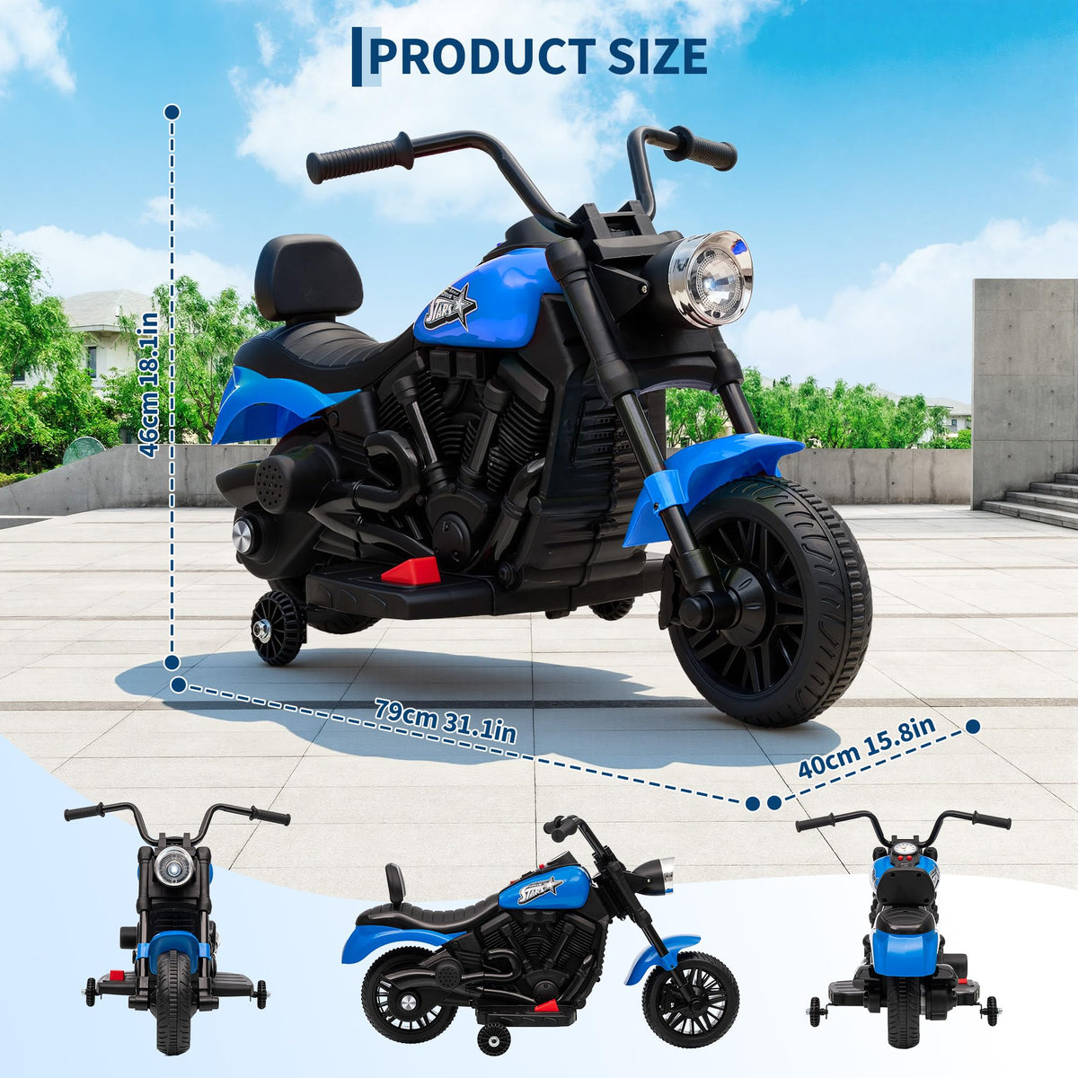GARVEE blaues 6-V-Elektromotorrad mit Maßen 79 × 40 × 46 cm