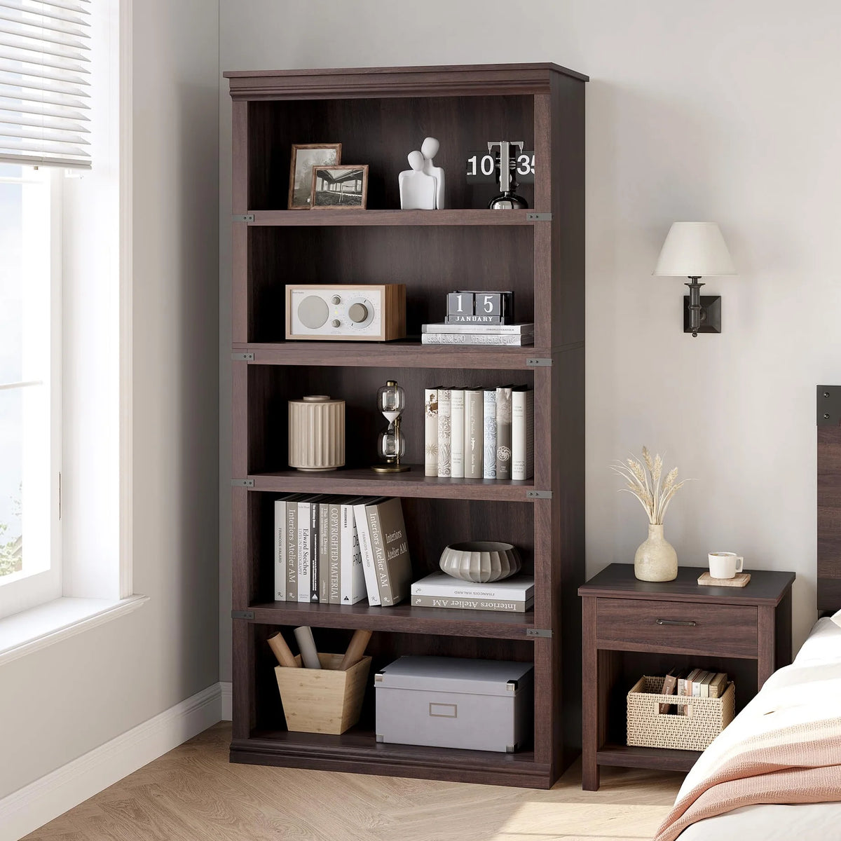 GARVEE Baum-Bücherregal, 5 Ebenen, 80 × 32 × 171 cm, MDF & Metall, Landhausstil, Kirschbaum – für Wohnzimmer & Schlafzimmer
