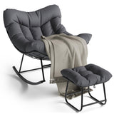 Garvee Schaukelstuhl mit Fußhocker, gepolsterter Papasan Lounge-Sessel mit stabilem Metallrahmen für Garten, Terrasse & Balkon, Grau - Dunkelgrau