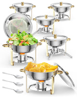 Garvee Chafing Dish 6er-Set 5 L aus Edelstahl, Gold mit Deckelhalter, Gastro-Speisenwärmer für Hochzeiten, Partys und Events - Gold | 5 L