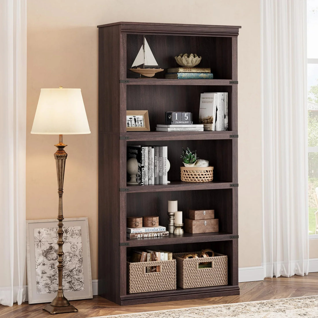 GARVEE Baum-Bücherregal, 5 Ebenen, 80 × 32 × 171 cm, MDF & Metall, Landhausstil, Kirschbaum – für Wohnzimmer & Schlafzimmer