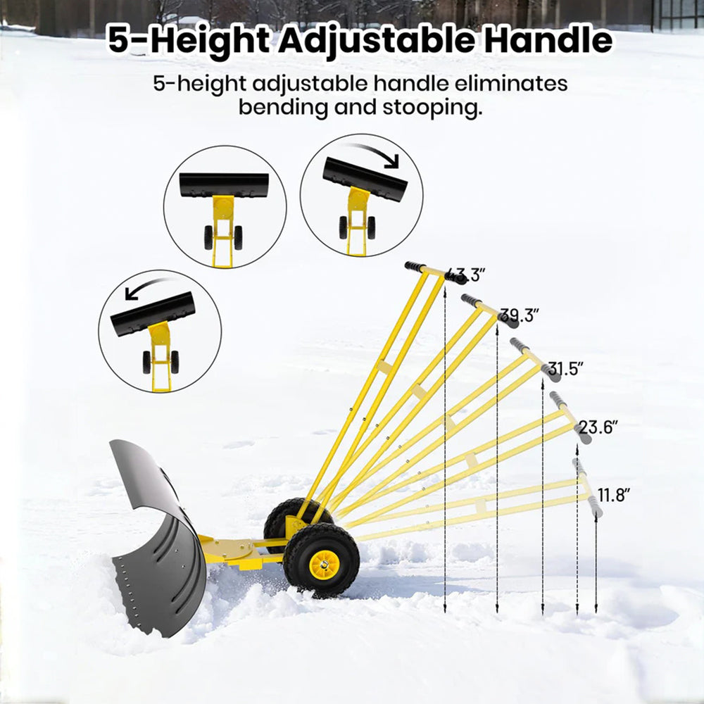 Garvee Schneeschieber mit Rädern 90×40 cm – Doppelstange, Stahlklinge, Verstellbarer Griff, Gummiräder