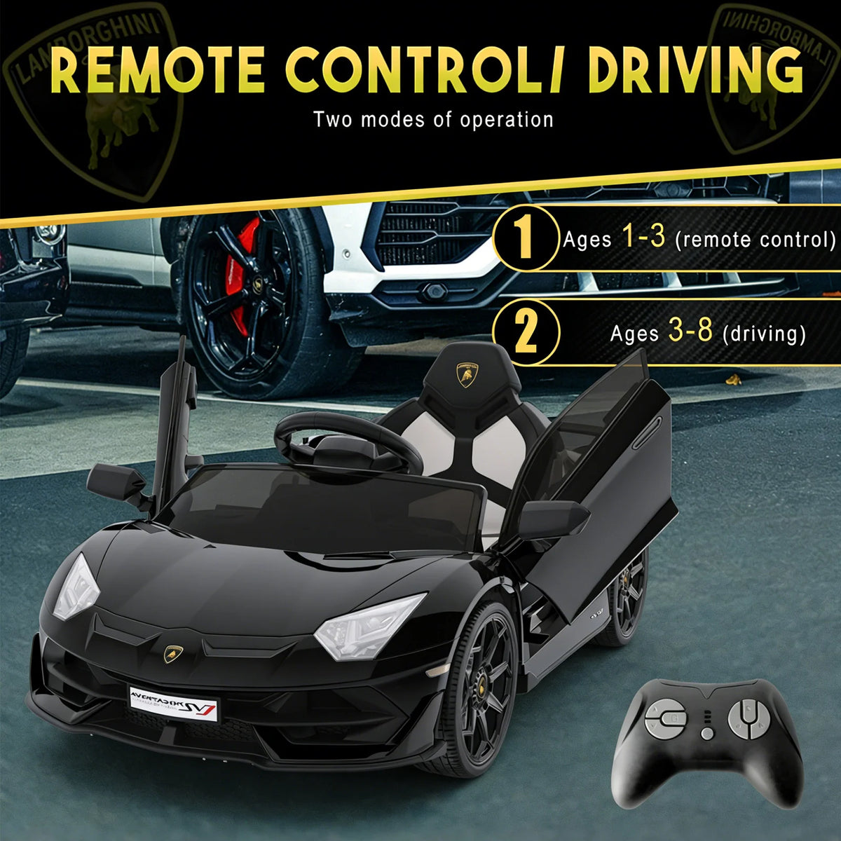Garvee Lamborghini Kinder Elektroauto 12 V mit 2 × 25 W, Scherentüren, 2,4-GHz-Fernbedienung, LED, Musik, Federung und Sicherheitsgurt, Schwarz, für Kinder 3–8 Jahre