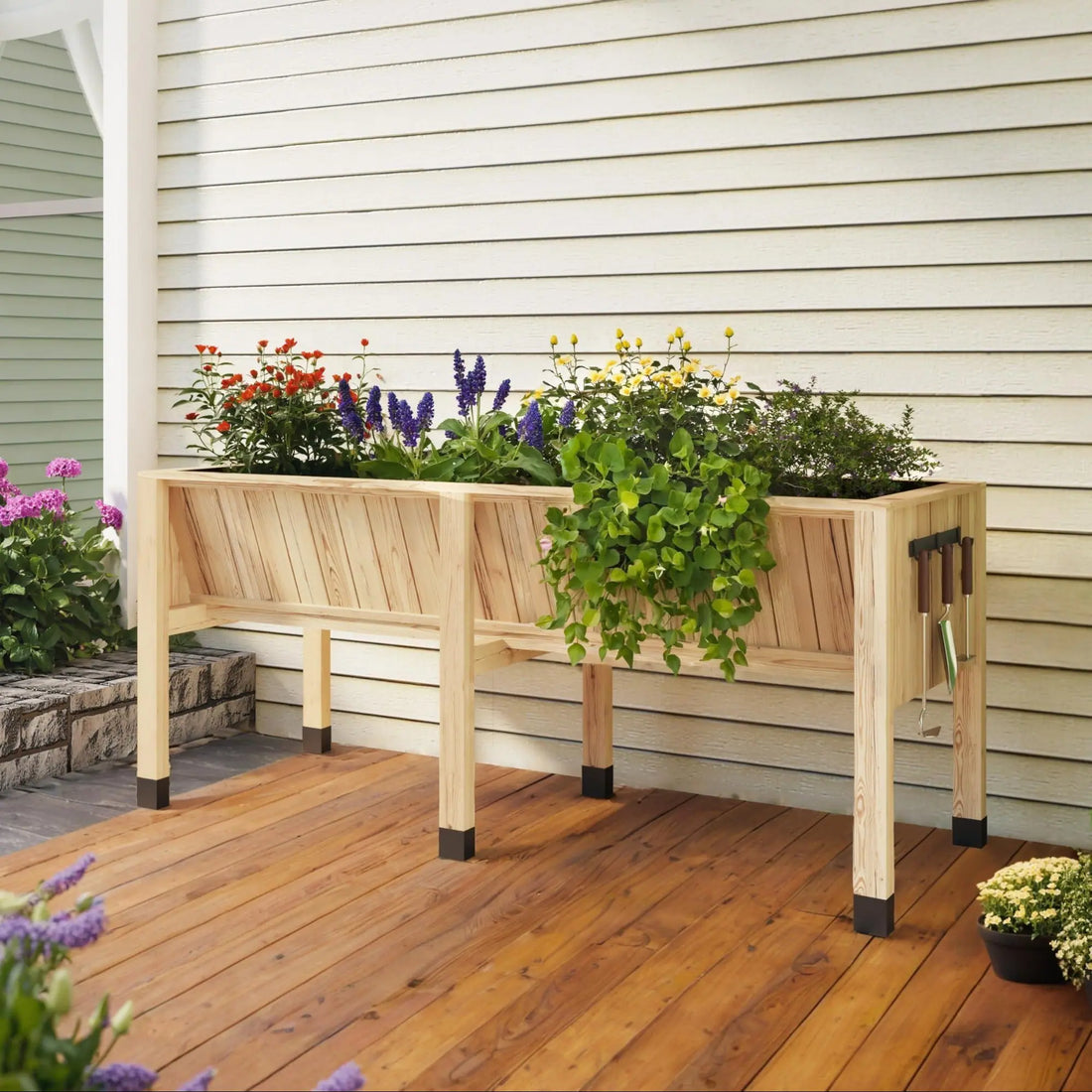 GARVEE Hochbeet aus Zedernholz 183 x 66 x 79 cm, Ergonomisches Pflanzbeet mit 35 cm Tiefe und Haken, Hochbeet für Gemüse, Kräuter, Blumen und Balkon, Naturholz