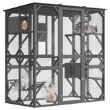 Garvee Katzengehege Outdoor 173 × 92 × 177 cm, begehbares Catio aus Fichtenholz mit Fensterzugang, wetterfestem Dach, 4 Plattformen, Kratzbaum & Hängematte, Grau - Grau