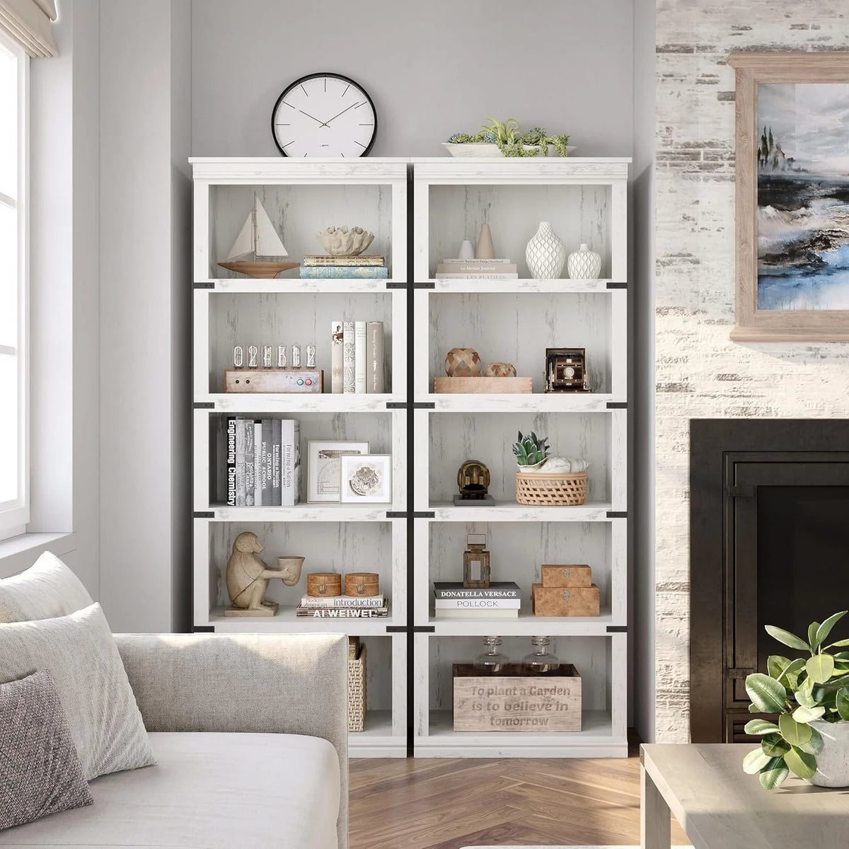 GARVEE Standregal, 5 Ebenen, 62 × 32 × 171 cm, MDF, Landhausstil, Weiß – für Wohnzimmer & Büro