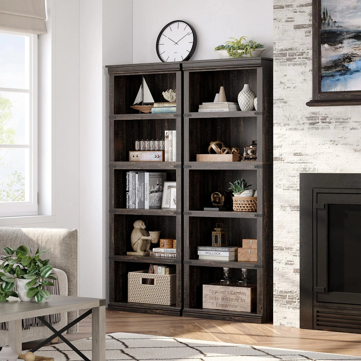 GARVEE Standregal, 5 Ebenen, 62 × 32 × 171 cm, MDF, Landhausstil, Dunkle Eiche – für Wohnzimmer & Büro