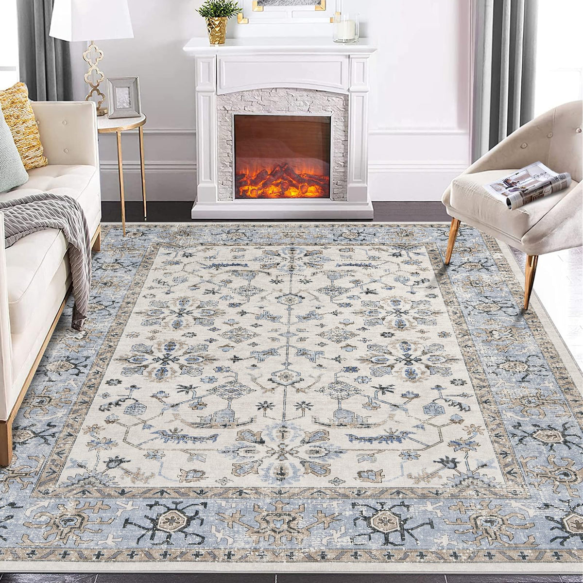 Garvee Teppich 80 × 150 cm waschbar, weicher Vintage-Wohnzimmerteppich mit Boho-Muster, rutschfester Kurzflor-Teppich für Wohnzimmer & Schlafzimmer, Beige