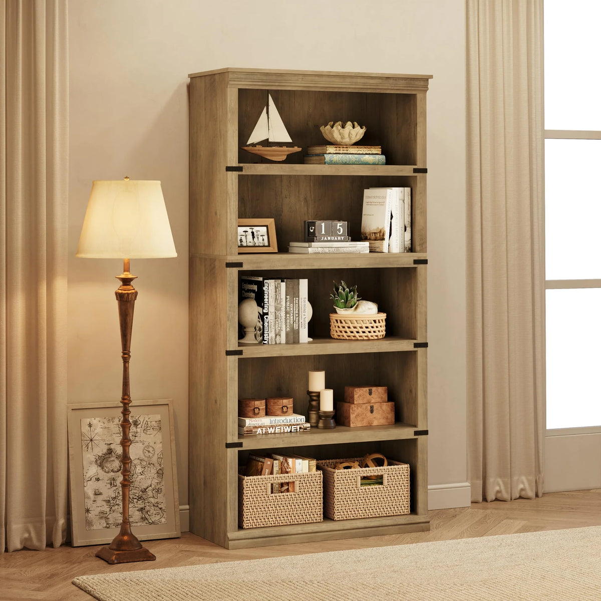 GARVEE Standregal, 5 Ebenen, 80 × 32 × 171 cm, MDF & Metall, Landhausstil, Grau – für Wohnzimmer & Schlafzimmer