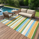 GARVEE Outdoor-Teppich 244 x 305 cm, Wendbarer Balkonteppich aus Kunststoffstroh, Geometrisches Streifenmuster für Terrasse, Balkon & Strand, Wetterfest, Mehrfarbig - Grün-Blau-Gelb gestreift
