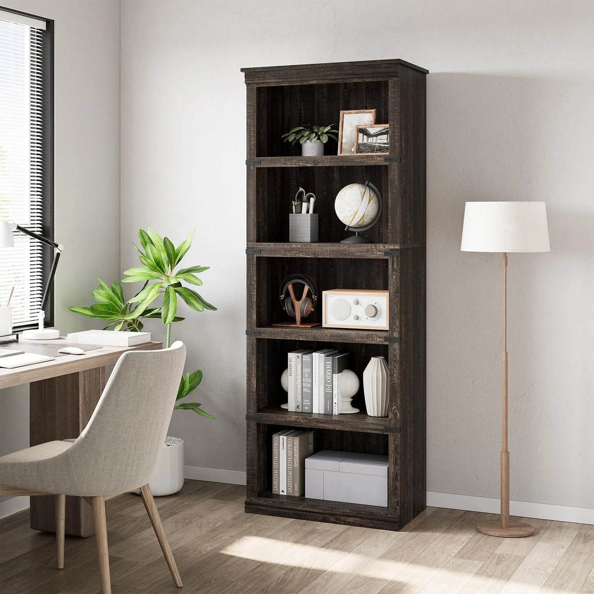 GARVEE Standregal, 5 Ebenen, 62 × 32 × 171 cm, MDF, Landhausstil, Dunkle Eiche – für Wohnzimmer & Büro