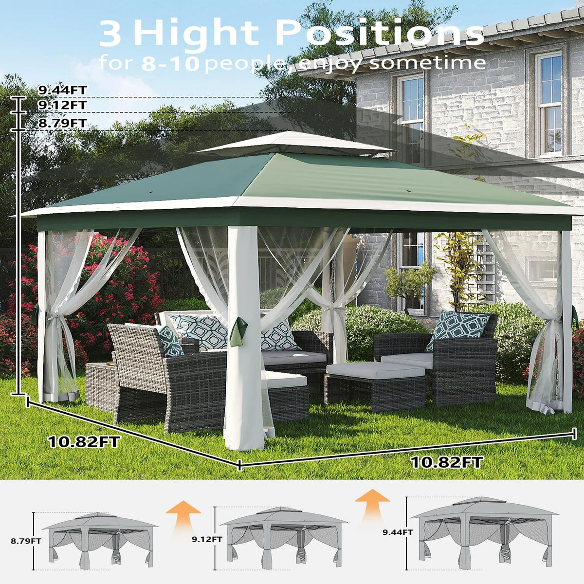 Garvee Pop Up Pavillon 335×335 cm, Mit Moskitonetz, Wasserdicht, UV-Schutz, Höhenverstellbar, Grün