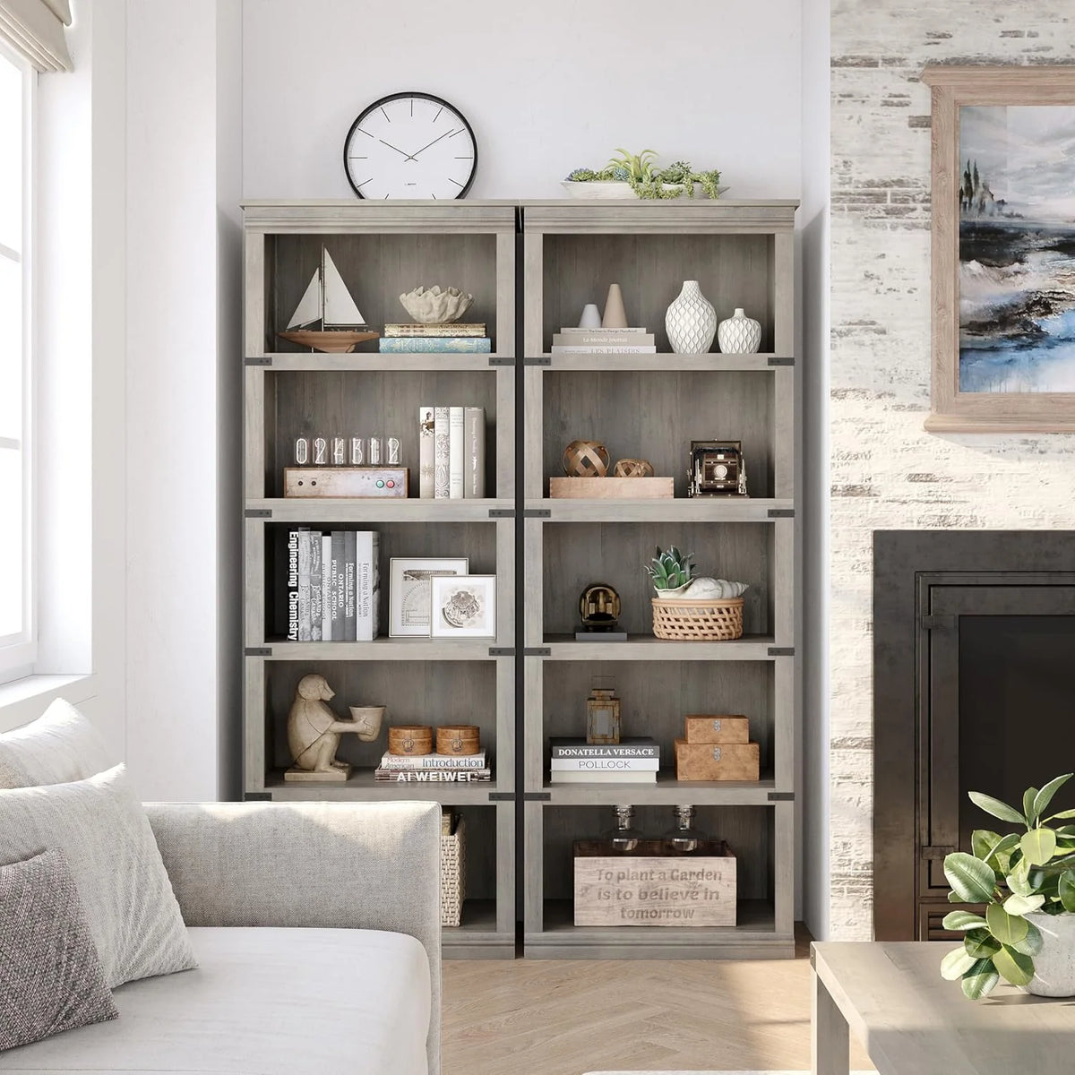 GARVEE Standregal, 5 Ebenen, 62 × 32 × 171 cm, MDF & Metall, Landhausstil, Grau – für Wohnzimmer & Büro