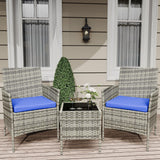 Garvee 3-teiliges Rattan-Gartenmöbel-Set mit 2 gepolsterten Stühlen und Beistelltisch für Garten und Veranda, Grau und Blau - Grau+Blau