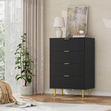 GARVEE Kommode mit 4 Schubladen, Geriffelte Fronten, Modernes Sideboard mit Metallbeinen, Stauraummöbel für Schlafzimmer, Wohnzimmer & Flur, Schwarz - Schwarz