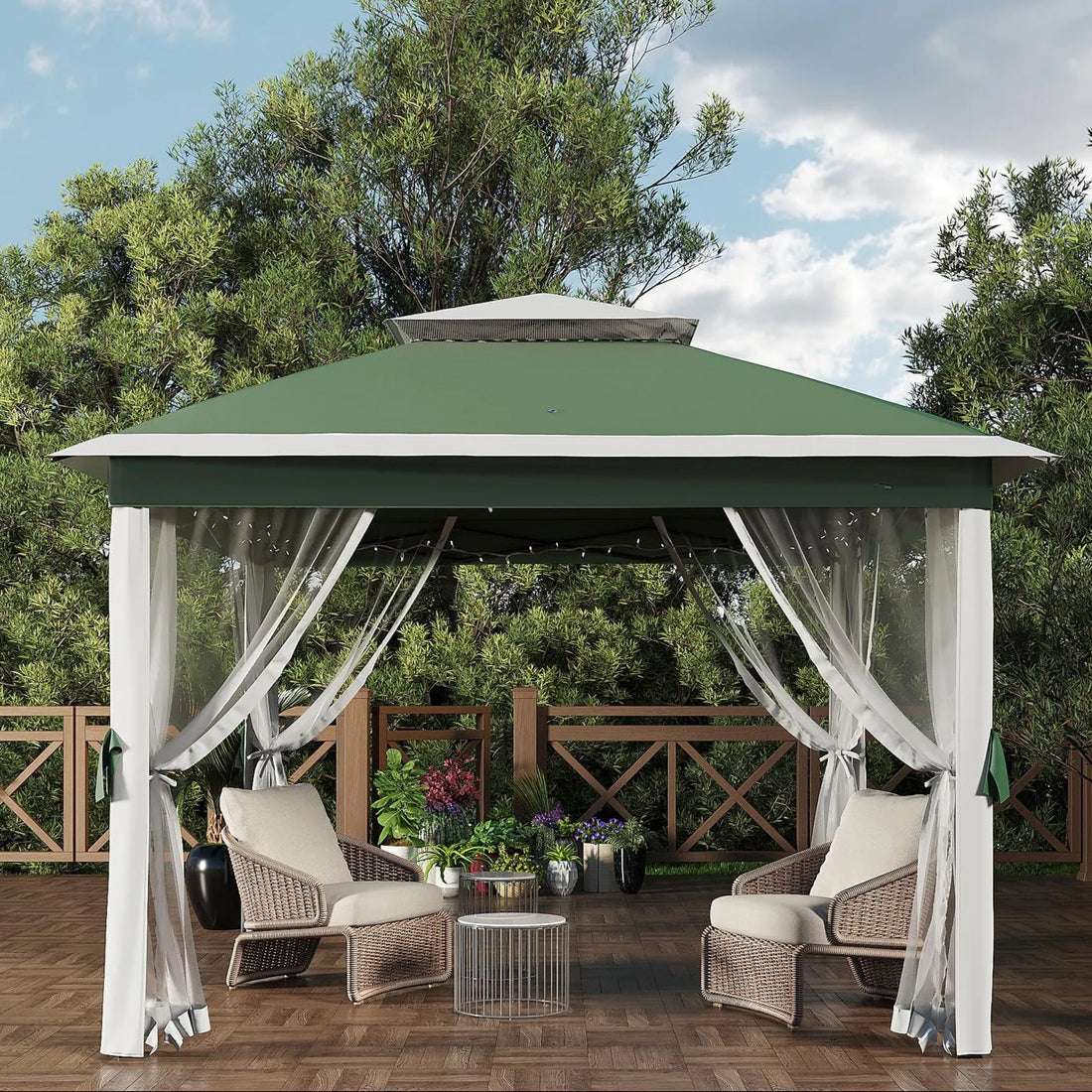 Garvee Pop Up Pavillon 335×335 cm, Mit Moskitonetz, Wasserdicht, UV-Schutz, Höhenverstellbar, Grün