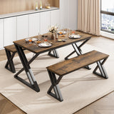 Garvee Esstisch mit 2 Bänken, Metallrahmen, MDF Holz, Kratzfest für Küche & Esszimmer, Platzsparend, Braun, für 4 Personen