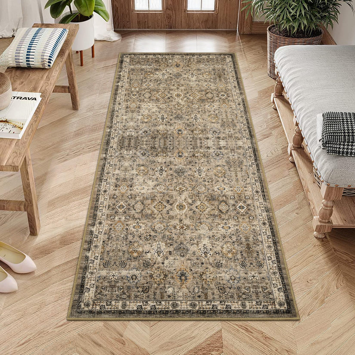 Garvee Vintage Teppich 80 x 150 cm Rutschfest Waschbar Boho Teppich Für Wohnzimmer Schlafzimmer Esszimmer Rotbraun