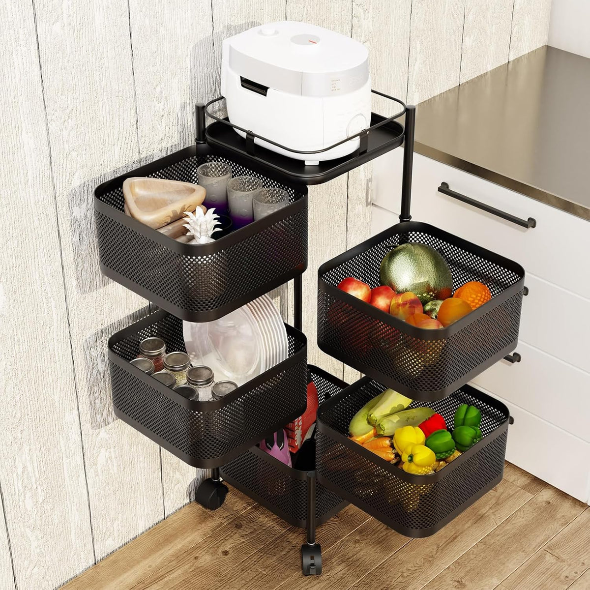 Garvee Küchenregal mit Rollen, 360° drehbares Eckregal aus Metall, platzsparender Rollwagen mit Bremsen, für Küche und Bad, 94 × 28 × 28 cm