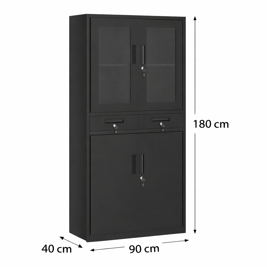 Garvee Metallschrank 180 cm, Abschließbarer Aufbewahrungsschrank mit Glastüren, 2 Schubladen & Verstellbaren Einlegeböden, Stahlschrank für Büro, Garage und Werkstatt, Schwarz