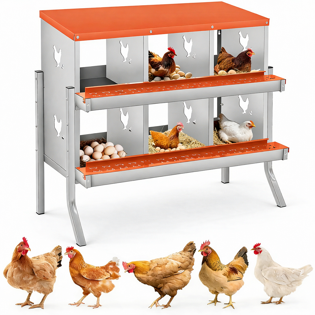 Garvee 2-stöckiges Legenest für Hühner mit 6 Fächern, Hühnernistkasten aus verzinktem Stahl, Rollaway-System, herausziehbare Auffangwanne, Lüftungslöcher & Stützbeine, Orange
