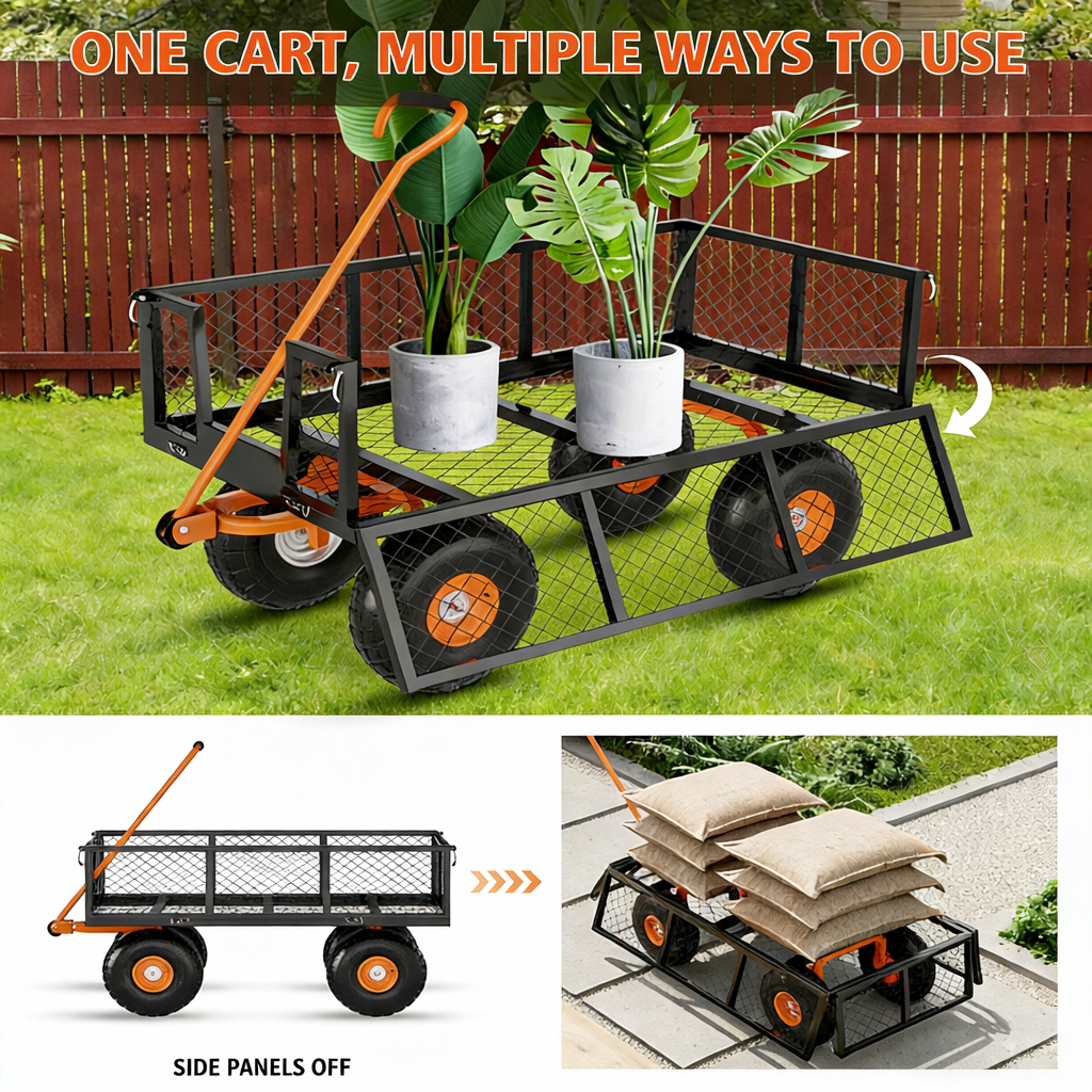 Garvee Schwerlast 3-in-1 Gartenwagen aus Stahl, bis 408 kg, 92 × 51 cm Gitterladefläche, 25 cm Geländeräder & 120° Schwenkgriff, für Garten, Hof & Outdoor
