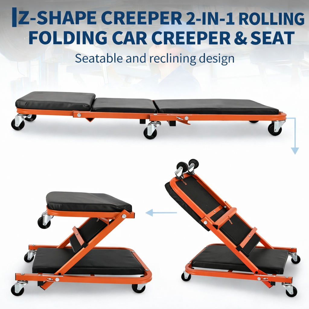 Garvee 91 cm Z-förmiger Mechanikersitz – Faltbar, 6 Rollen, Stahlrahmen, Gepolstert, Orange