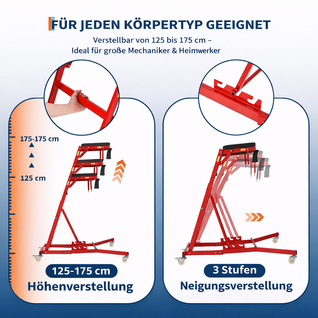 Garvee Schwerlast-Kfz-Arbeitsliege Höhenverstellbar, 181 kg Tragkraft, 125-175 cm Höhe, mit gepolstertem Deck und Lenkrollen (Rot)