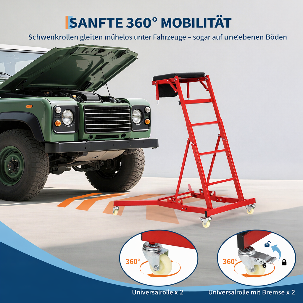 Garvee Schwerlast-Kfz-Arbeitsliege Höhenverstellbar, 181 kg Tragkraft, 125-175 cm Höhe, mit gepolstertem Deck und Lenkrollen (Rot)