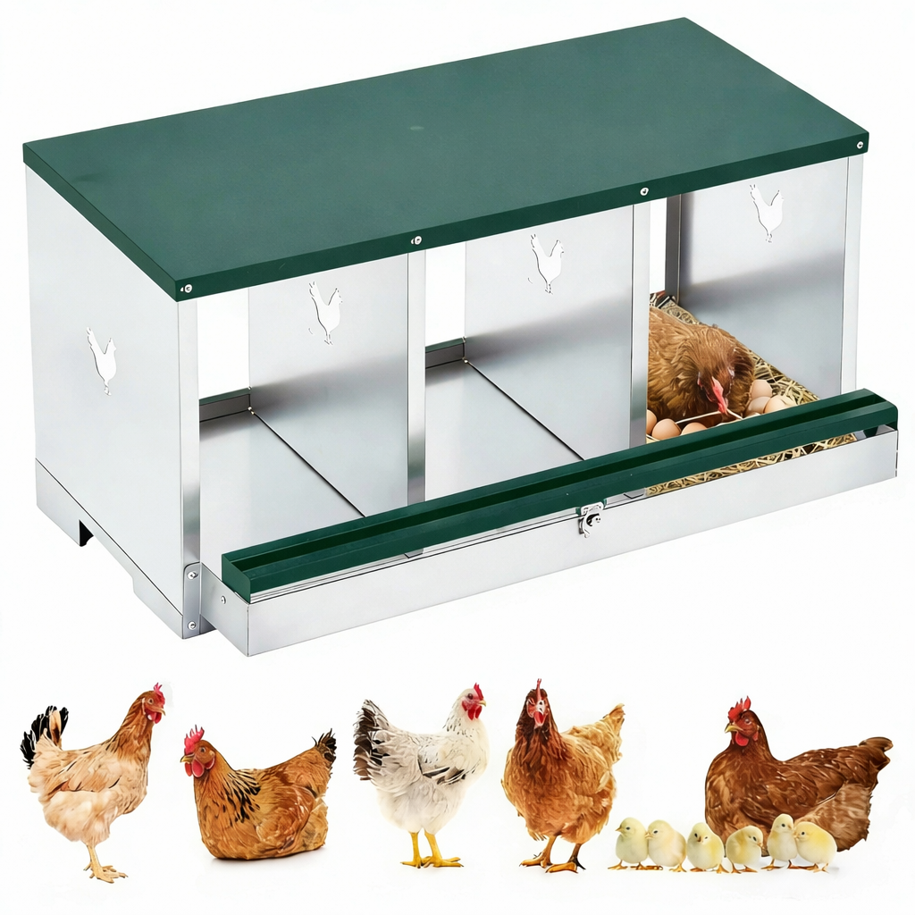 Garvee Legenest für Hühner, 3 Fächer, Hühnernistkasten aus verzinktem Stahl mit Eierauffangschale & Lüftungslöchern, für Hennen & Geflügel