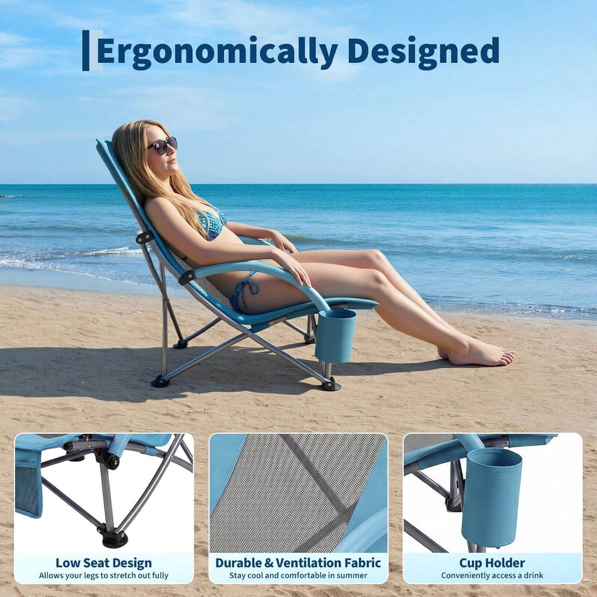 Garvee 1er-Set Strandstühle faltbar, verstellbare Campingstühle mit hoher Rückenlehne, Rucksackgurten, Getränkehalter und 150 kg Tragkraft, für Strand, Camping