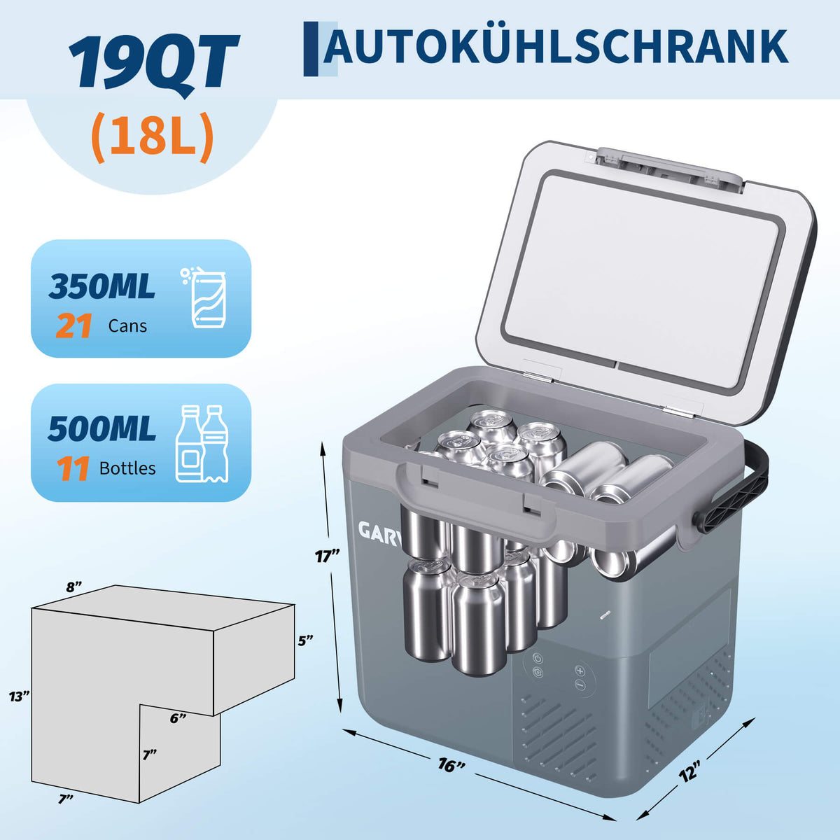 GARVEE 18 L Kompressor-Kühlbox fürs Auto, −20 bis 20 °C, App-Steuerung, 12/24 V, Dunkelgrau