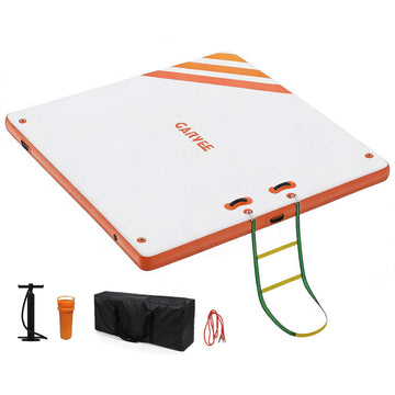 Garvee Aufblasbare Schwimmplattform 1,8 x 1,5 m, Für 3–5 Personen, Rutschfest, PVC, Mit Leiter, Für See & Wasser, Orange