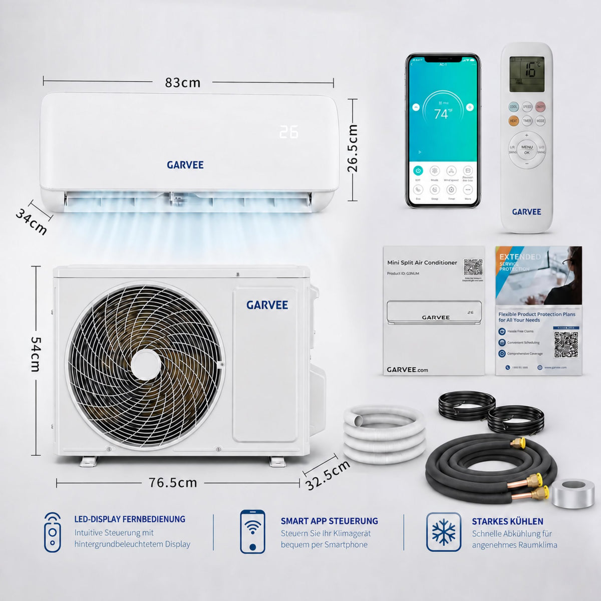 Garvee AUX Split Klimaanlage 12000BTU Klimageräte mit Heizfunktion Kältemittel R32 Inkl. Montagematerial, A++ Energieeffizienz, R32, WLAN-App-Steuerung