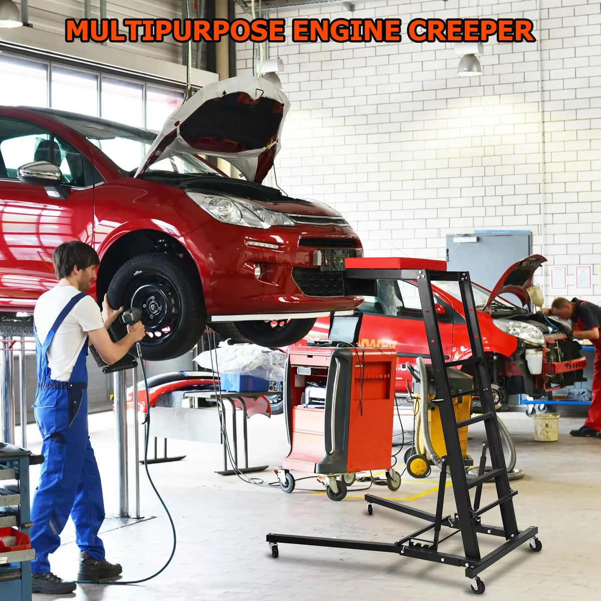 GARVEE Schwerlast Automotive Topside Creeper, Motor-Arbeitsbühne 121–166 cm Höhenverstellbar, 181 kg Tragkraft, Gepolsterte Plattform mit 4 Schwenkrollen für Motorwartung und Fahrzeugreparatur, Schwarz