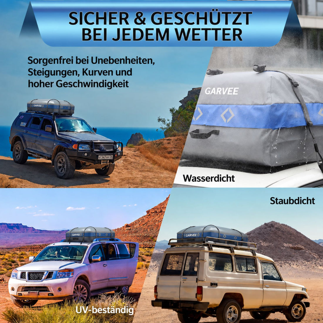 Garvee Dachgepäcktasche 132 x 100 x 45 cm, 595 L Wasserdichte Dachtasche mit 4 Türhaken & 8 Verstärkten Gurten für SUV & Auto, Schwarz
