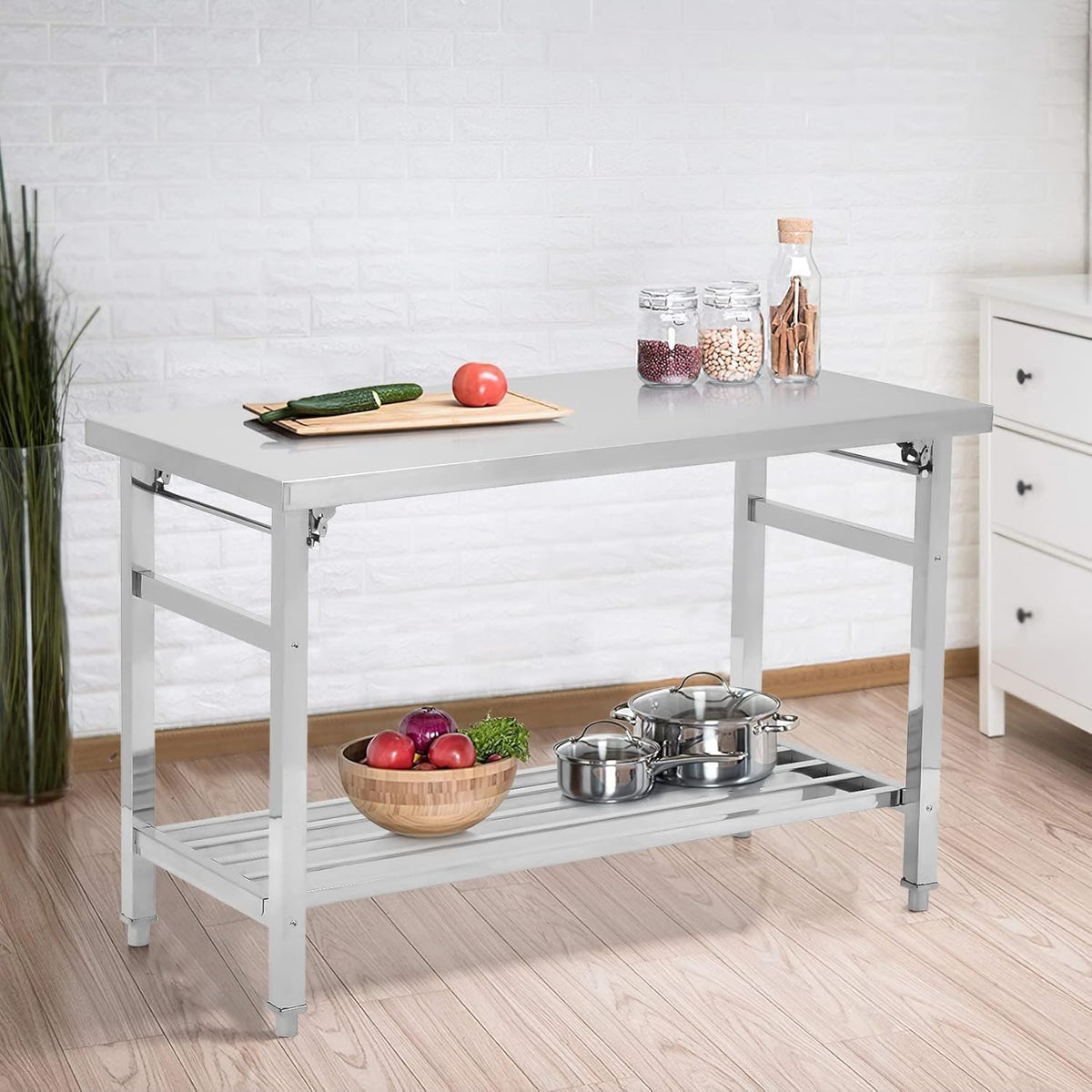 Garvee Klappbarer Edelstahl-Arbeitstisch 91 x 61 x 70 cm mit offener Gitterablage, robuster Küchentisch mit zusätzlichem Stauraum für Küche, Gastronomie und Catering