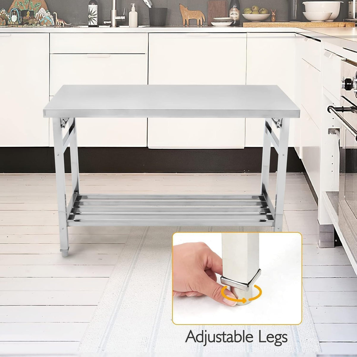 Garvee Klappbarer Edelstahl-Arbeitstisch 91 x 61 x 70 cm mit offener Gitterablage, robuster Küchentisch mit zusätzlichem Stauraum für Küche, Gastronomie und Catering