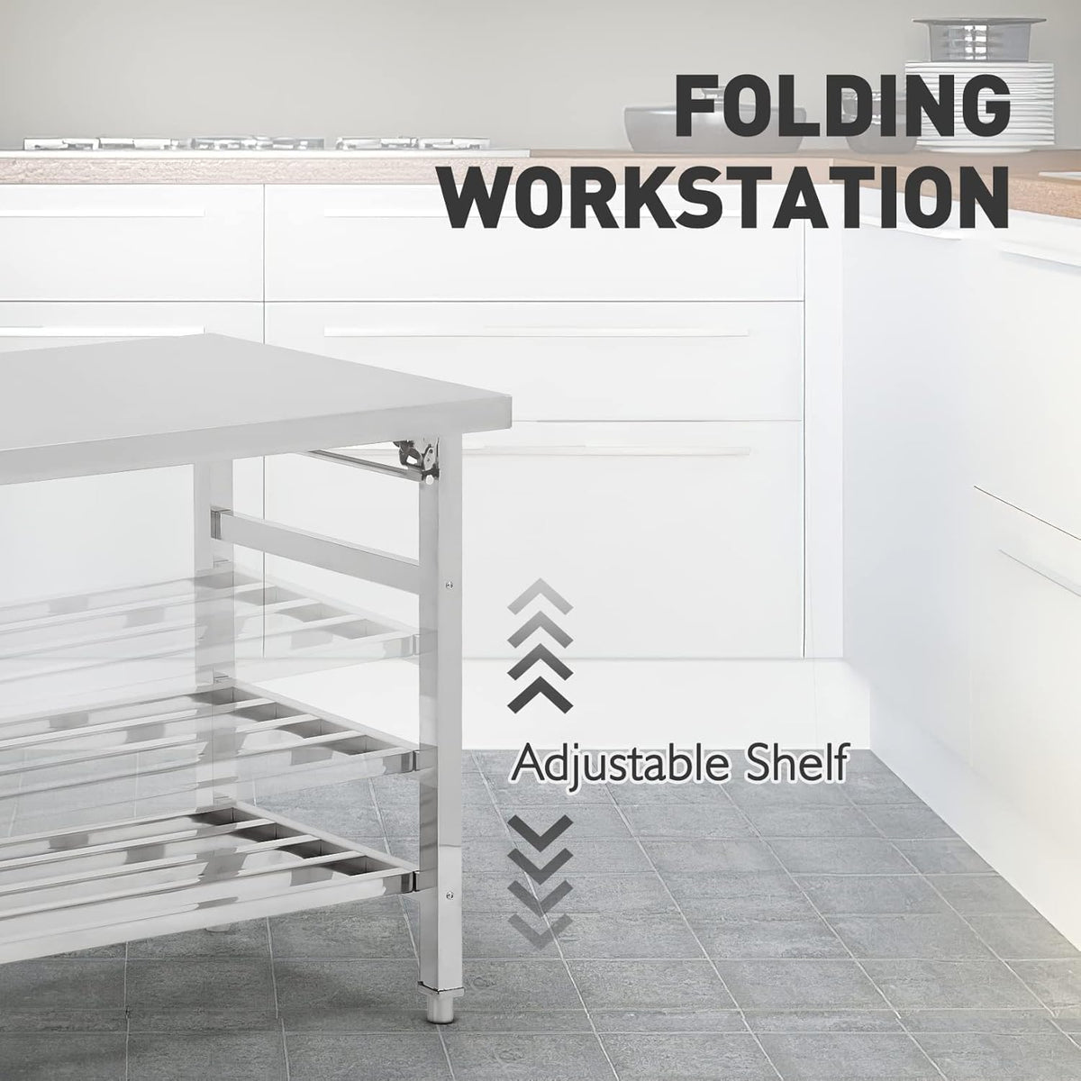 Garvee Klappbarer Edelstahl-Arbeitstisch 91 x 61 x 70 cm mit offener Gitterablage, robuster Küchentisch mit zusätzlichem Stauraum für Küche, Gastronomie und Catering