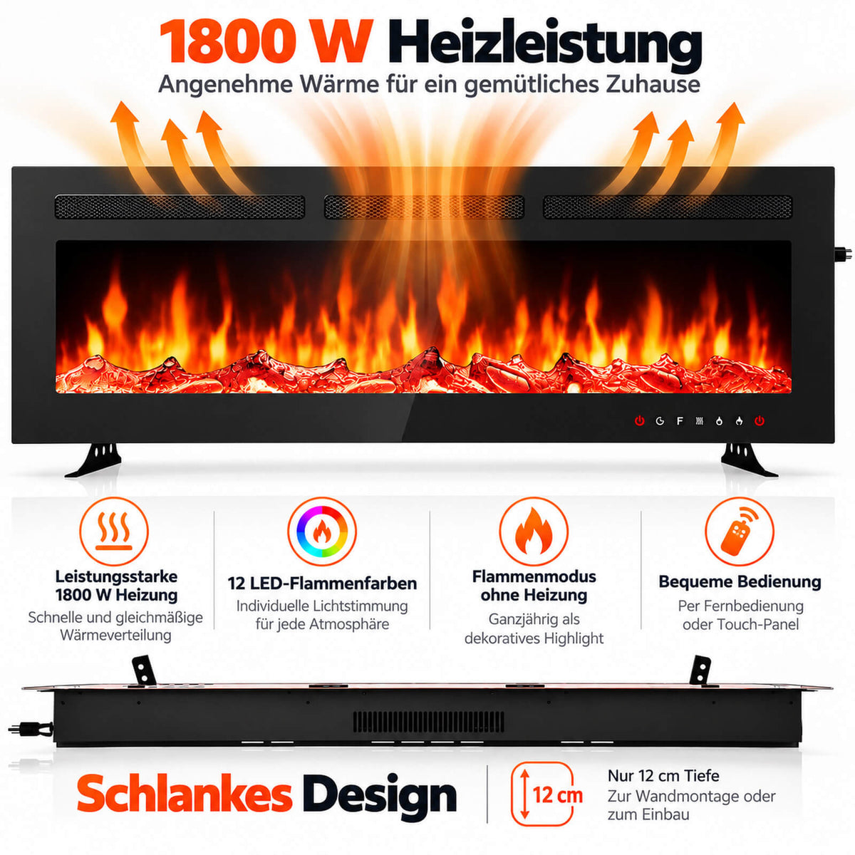 Garvee 72-Zoll Elektrokamin 183 cm mit 1800 W Heizung, 12 LED-Flammenfarben, Fernbedienung und Touch-Panel