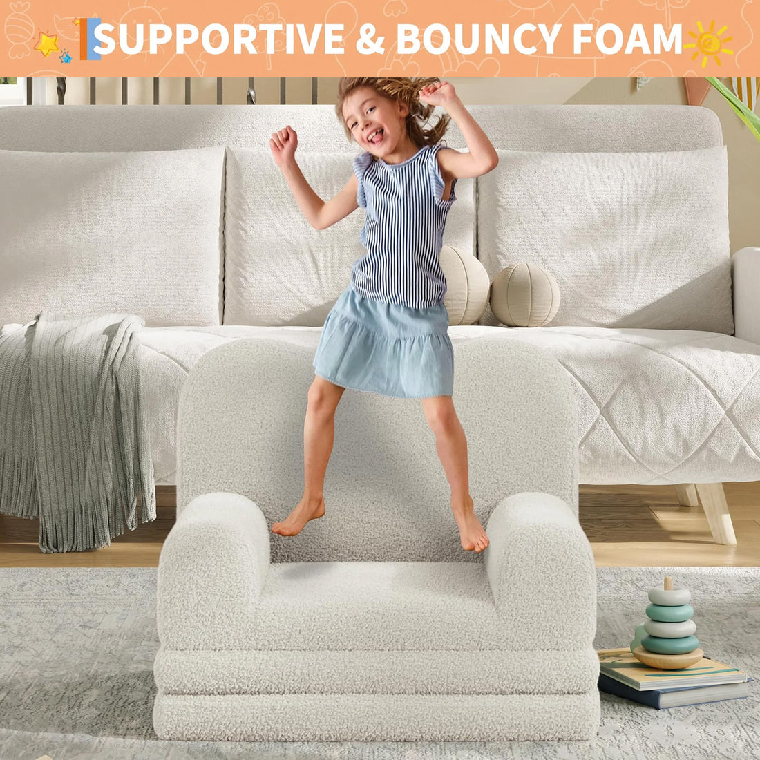 GARVEE Kindersofa 2-in-1 ausklappbar, Kinder-Sessel und Liege mit weichem Sherpa-Bezug, waschbar, bis 68 kg, Weiß