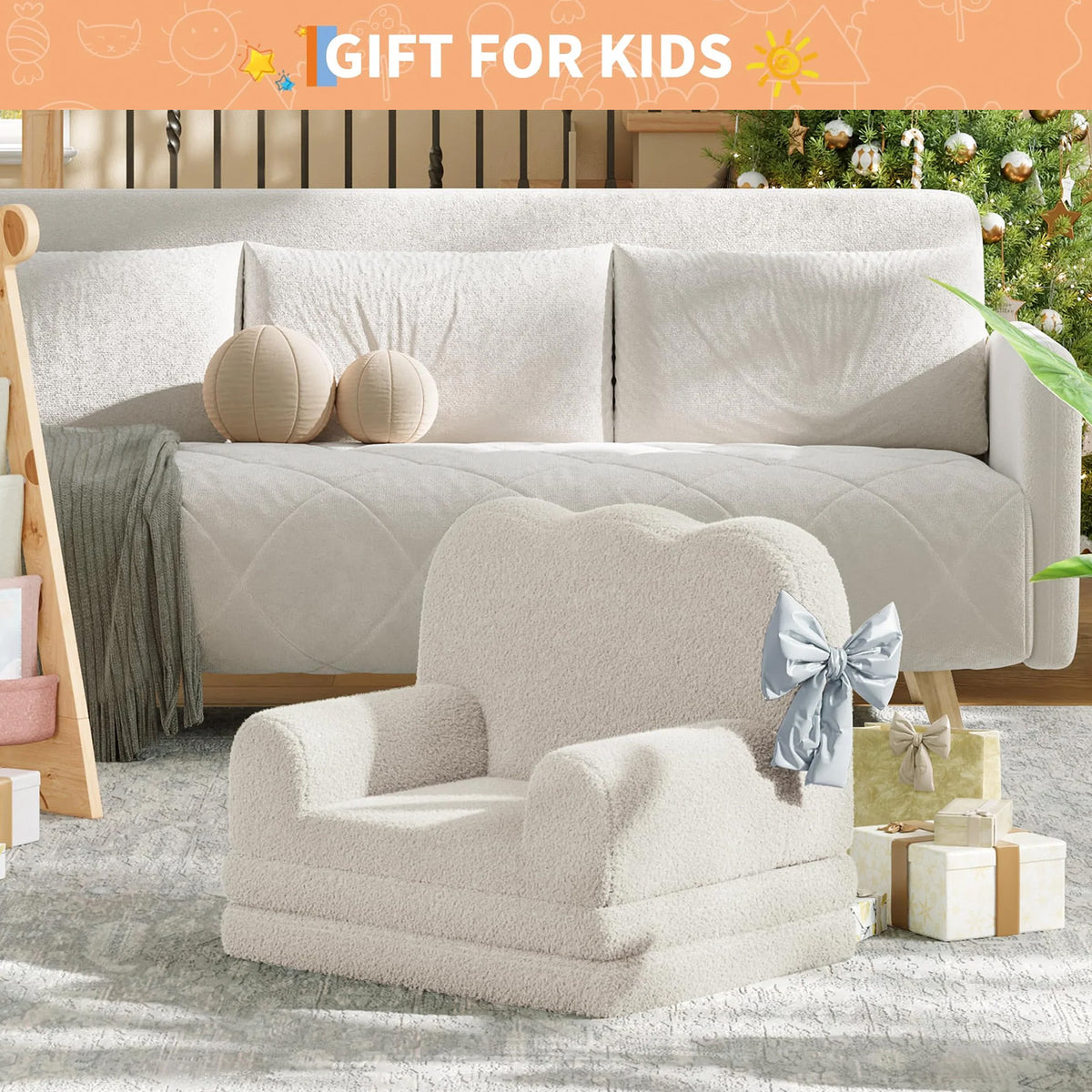 GARVEE Kindersofa 2-in-1 ausklappbar, Kinder-Sessel und Liege mit weichem Sherpa-Bezug, waschbar, bis 68 kg, Weiß