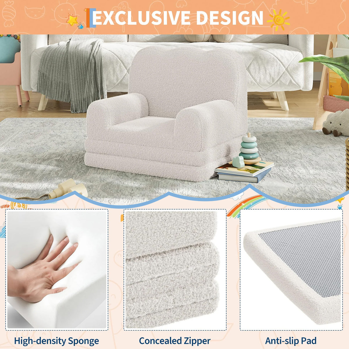 GARVEE Kindersofa 2-in-1 ausklappbar, Kinder-Sessel und Liege mit weichem Sherpa-Bezug, waschbar, bis 68 kg, Weiß