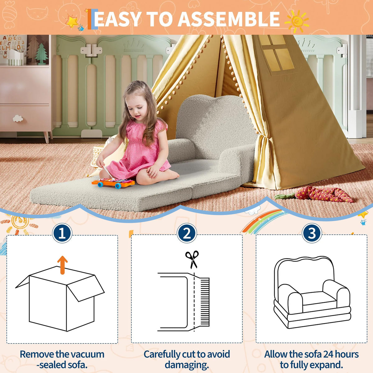 GARVEE Kindersofa 2-in-1 ausklappbar, Kinder-Sessel und Liege mit weichem Sherpa-Bezug, waschbar, bis 68 kg, Weiß